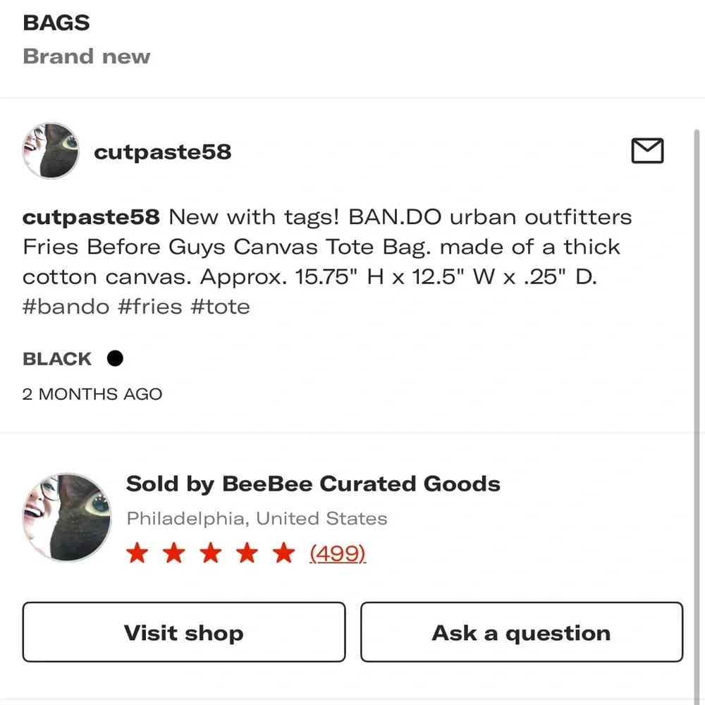 NWT UO BAN.DO Fries Before Guys Canvas Tote Bag - Picture 6 of 6